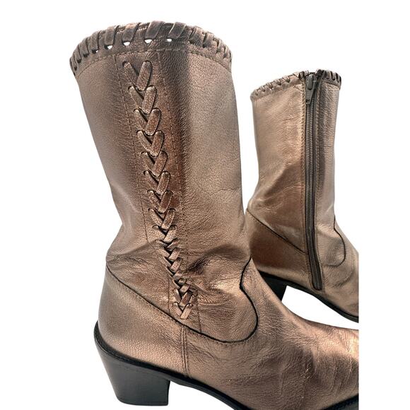 Stuart Weitzman Gold Leather Cowboy Boot 7 M Whipstitch Coastal Cowgirl Designer - Picture 6 of 16